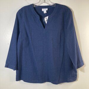 Womens Liz Claiborne V‎ Neck Cotton Linen Top 3/4 Sleeve Navy Blue S NWT